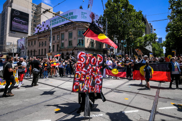 Invasion Day protesters gather in Melbourne’s CBD on January 26.