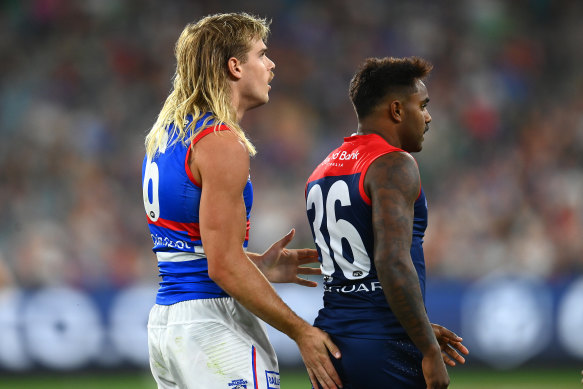 Melbourne’s Kysaiah Pickett was suspended for two matches for his bump on Bailey Smith. 