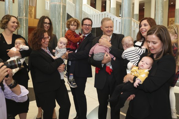 Opposition early childhood spokeswoman Amanda Rishworth, at centre left, and leader Anthony Albanese are announcing the party would create an early years strategy in government.