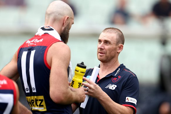 Max Gawn locked in conversation with Simon Goodwin