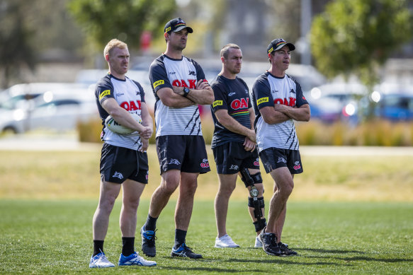 Then interim Panthers head coach Cameron Ciraldo with Peter Wallace, James Maloney and Greg Alexander in 2018.