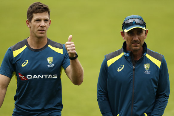 Tim Paine and Justin Langer during the 2019 Ashes in England.