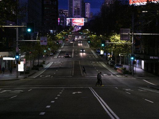 William Street heading towards Kings Cross is deserted on a Saturday night as lockdown begins.