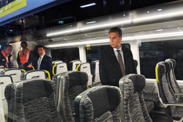 NSW Transport Minister Andrew Constance shows off the new Intercity train fleet earlier this year.