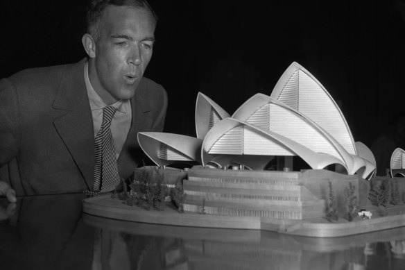 Architect Jørn Utzon, pictured at the unpacking of the Sydney Opera House model at Sydney Town Hall in 1957. 