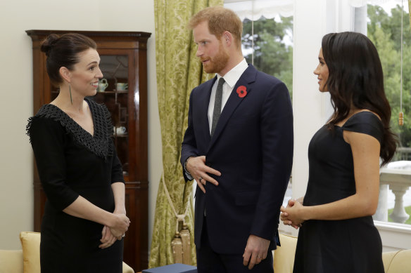 Harry and Meghan meet with Jacinda Ardern during their 2018 tour. 