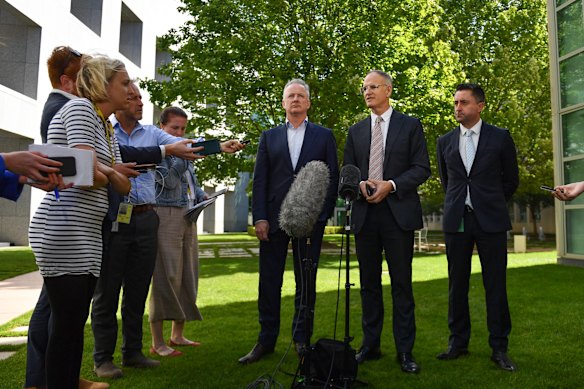 Nine Entertainment CEO Hugh Marks, News Corp Australasia executive chairman Michael Miller and ABC news director Gaven Morris in Canberra on Wednesday.