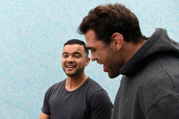 Dale Finucane, right. with Guy Sebastian during Blues camp in 2019. Finucane will perform Simply The Best at the NRL season launch next week.