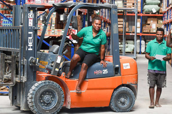 Linda Randeh, manager of the distribution centre for the Bulk Shop, at the distribution centre in Honiara.