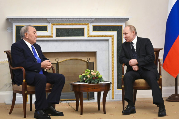 Russian President Vladimir Putin, right, speaks to former president of Kazakhstan Nursultan Nazarbayev, at Konstantin Palace in Strelna, Russia, a week before protests broke out in Kazakhstan.