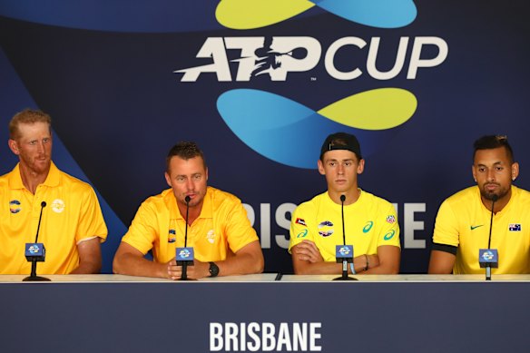 Australian ATP Cup team members Chris Guccione, Lleyton Hewitt, Alex de Minaur and Nick Kyrgios in Brisbane on Thursday.