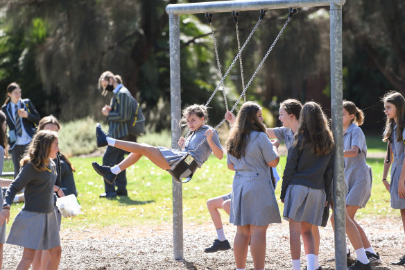 Albert Park College students at Gasworks Park. Resident complaints mean they could soon be restricted to a much smaller section of the park.