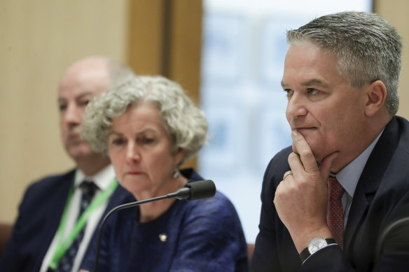 Minister for Finance Mathias Cormann, right, and Department of Prime Minister and Cabinet official Stephanie Foster appear before Senate estimates.