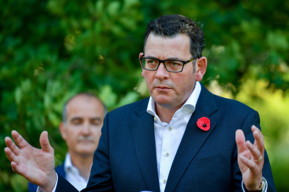 Premier Daniel Andrews addresses the media on Tuesday.