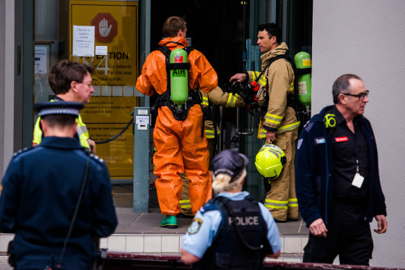 Fire and Rescue HAZMAT crews at the Garvan Institute of Medical Research in Darlinghurst on Wednesday.