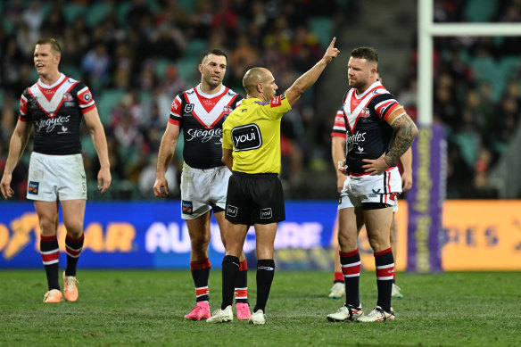 Nathan Brown is sent from the field for his hit on Ben Trbojevic.