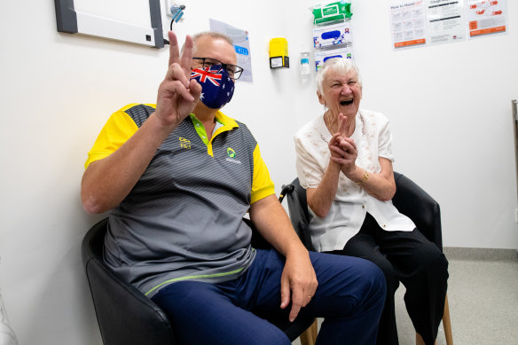 Scott Morrison received his second dose alongside 84-year-old aged-care resident Jane Malysiak.