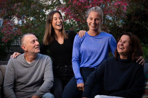 Australian sprinter Hana Basic (in blue), with her father Armin, sister Mia and mother Zana (right) at home in Melbourne.