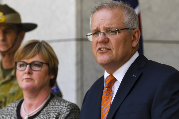 Defence Minister Linda Reynolds and  Prime Minister Scott Morrison during the press conference on January 4.