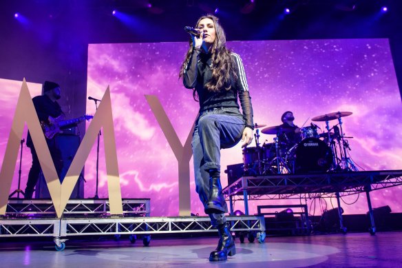 Amy Shark on stage in Melbourne last month for the Music From the Home Front concert.