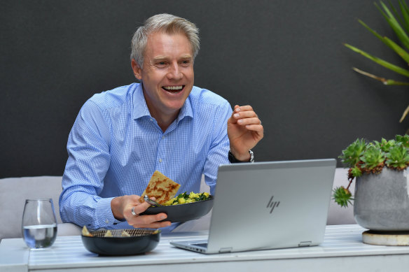 Arron Wood at home with his Thai chicken green curry, interviewed over Facetime. 