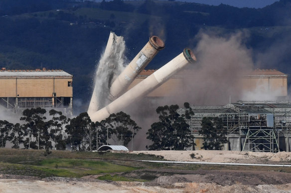 The eight chimneys on the former Hazelwood Power Station are demolished with explosives.