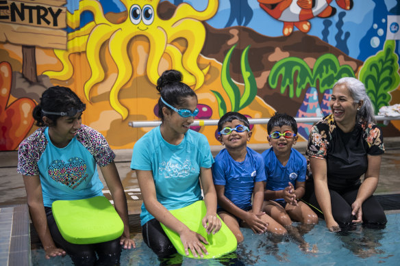 Maryam, Aaminah, Eesa and Aadil with their mother Kashifa Khan having lessons with swimming instructor Marisa Wilkins at Holsworthy Aquatic Centre.