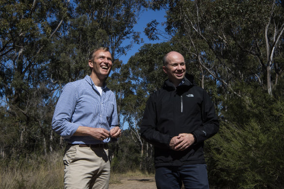 NSW Planning Minister Rob Stokes (left) with Energy and Environment Minister Matthew Kean at St Helens Park, site of the proposed Georges River koala reserve.