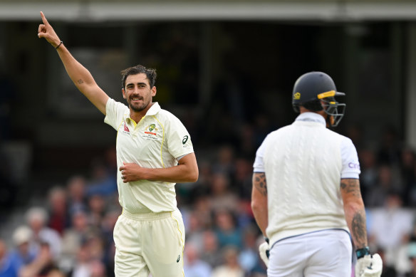 Mitchell Starc celebrates the wicket of Ben Stokes of England at the Oval.