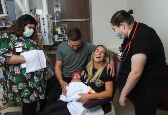 Amie Goodwin, with partner David and baby Kingston, was cared for under the Royal Women’s Hospital’s Indigenous midwifery program, Baggarrook.