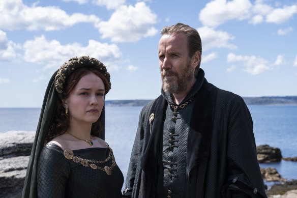 Olivia Cooke as Alicent Hightower and Rhys Ifans as Otto Hightower in House of the Dragon.