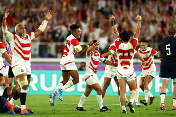 The Brave Blossoms celebrate victory over Scotland in the 2019 World Cup.