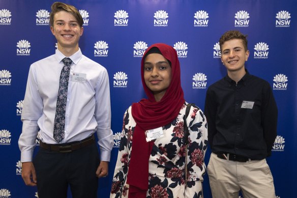 Year 11 students Jack Coleman of Fort Street High School, Manal Khan of Amity College and Joshua Abelev of Cranbrook School were equal first in Mathematics Advanced, having sat the exam a year early. Guozhen Wu (not pictured), a year 12 student from Reddam House, also tied first.