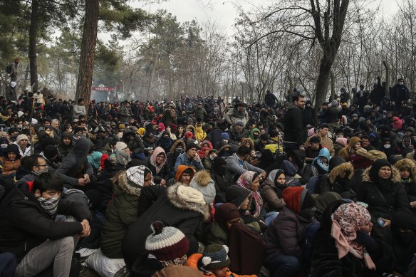 Migrants at the Pazarkule border gate, Edirne, Turkey.