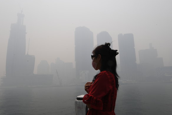 Sydney is barely recognisable under smoke on Tuesday. 