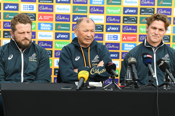 James Slipper, Eddie Jones and Michael Hooper front the press in South Africa in July. It was Hooper’s last Test.