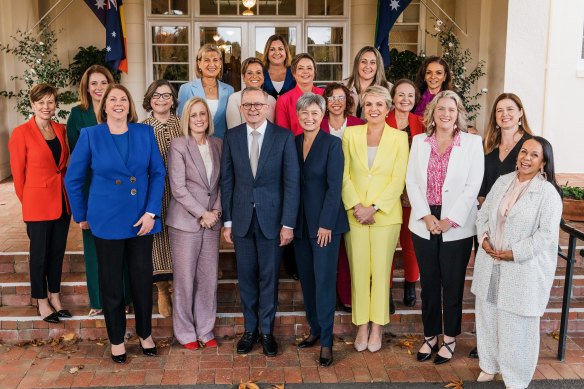 Anthony Albanese with Labor’s female MPs sworn in as cabinet, outer ministry and assistant ministers at Government House.