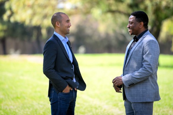 Alex Moreno, left, was a senior executive at Accenture when he met ‘Dozie’ Ojoho, who was highly qualified but selling cars as he could not get work at his skill level despite hundreds of job applications.