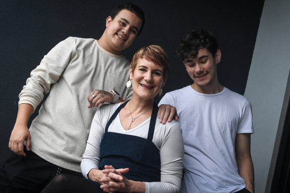 Kirsty Sword Gusmao at home in Melbourne with her sons Daniel, left, and Alexandre.