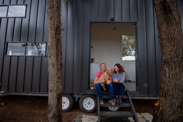 Marketing business owner Tim Winkler and his wife Jacqui Francis, an academic, moved from Northcote into a ‘tiny house’ on an orchard at Mooroopna, near Shepparton, when both of their jobs shifted online last year.