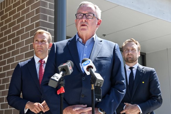 Health Minister Brad Hazzard, Minister for Planning and Public Spaces Rob Stokes and MP James Griffin at the opening of a new palliative care unit at Mona Vale Hospital on Thursday.