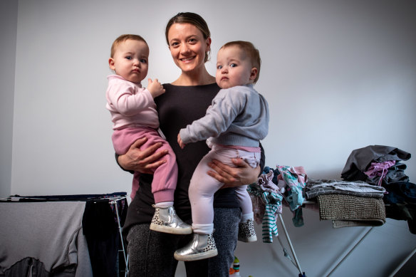 "Household labour still sits with me": Lucy Fogarty with 15-month-old twins Poppy and Mia.