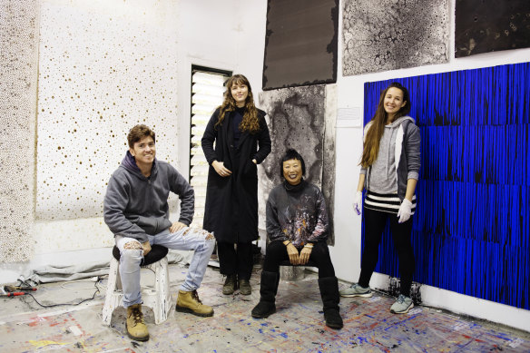 Australian artist Lindy Lee at her studio with assistants Demian Burman, Zoe Wesolowski-Fisher and Angelika Stepanova in Coorabell, Northern NSW, in the Byron Bay hinterland.