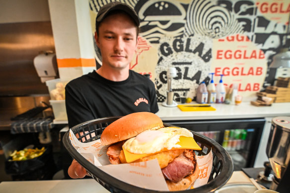 Egglab manager Ewan Millett with a Potato Head egg burger.
