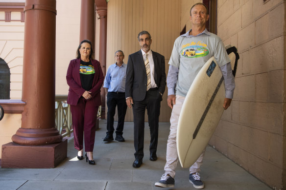 Shellharbour MP Anna Watson with protest leaders Peter Moran, John Davey and Chris Homer outside NSW Parliament House.