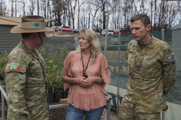 Colonel Warwick Young and Lieutenant Henry Stimson speak with Eurobodalla mayor Liz Innes.