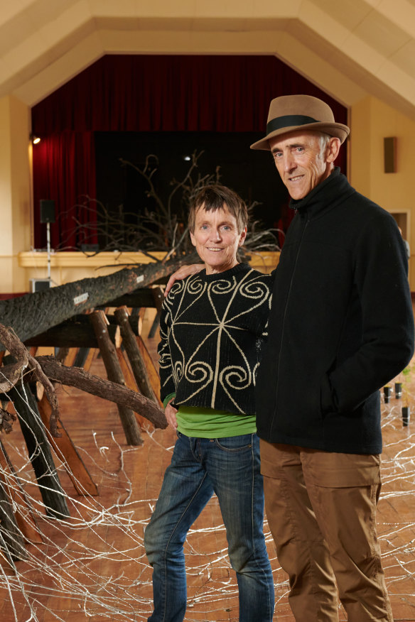 Artists Alison Clouston and Boyd with their installation Dhalawala - Forest Country at the Kandos Community Centre Hall.