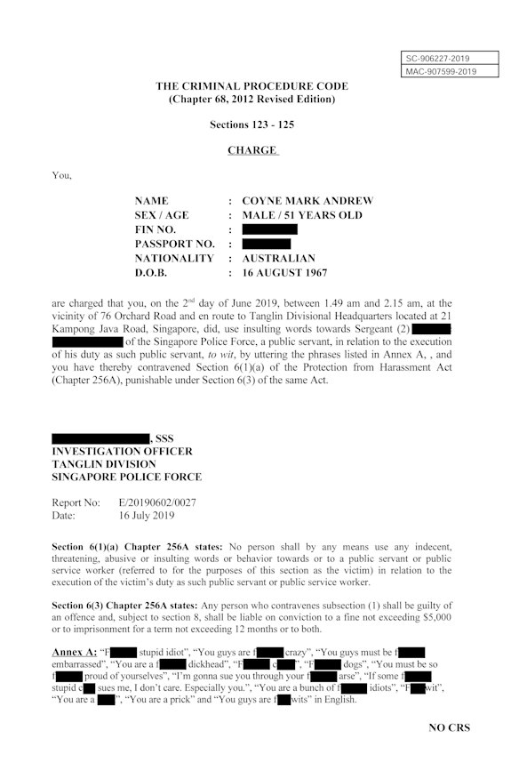 Mark Coyne's Singapore charge sheet.