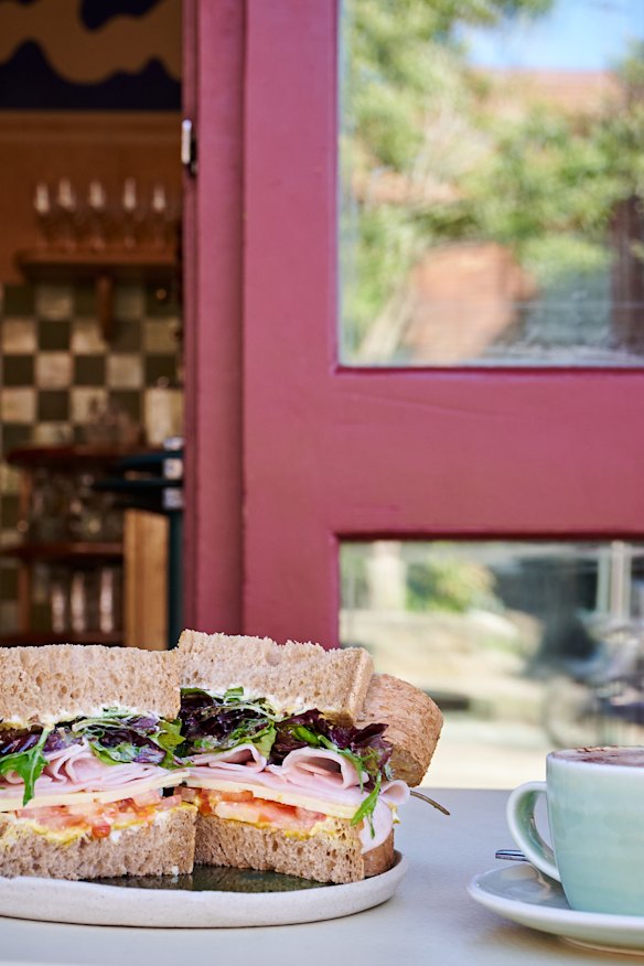 Ham sandwich with pickled mustard. 
