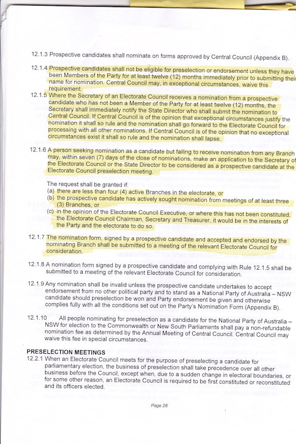 The Nationals Party constitution says those seeking preselection need to have been a member for 12 months or received a waiver from head office to be eligible to run.